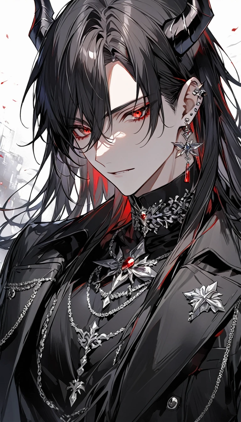 alone, good looking, 1 male, Long hair, Middle parted hair, Black hair, Red eyes, Black shirt, White Thailand, Black Trench Coat, Royal Silver Jewellery, Royal Demon Earrings, Black horns, Front Facing