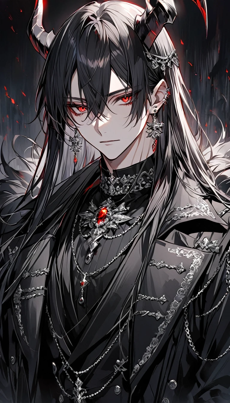 alone, good looking, 1 male, Long hair, Middle parted hair, Black hair, Red eyes, Black shirt, White Thailand, Black Trench Coat, Royal Silver Jewellery, Royal Demon Earrings, Black horns, Front Facing