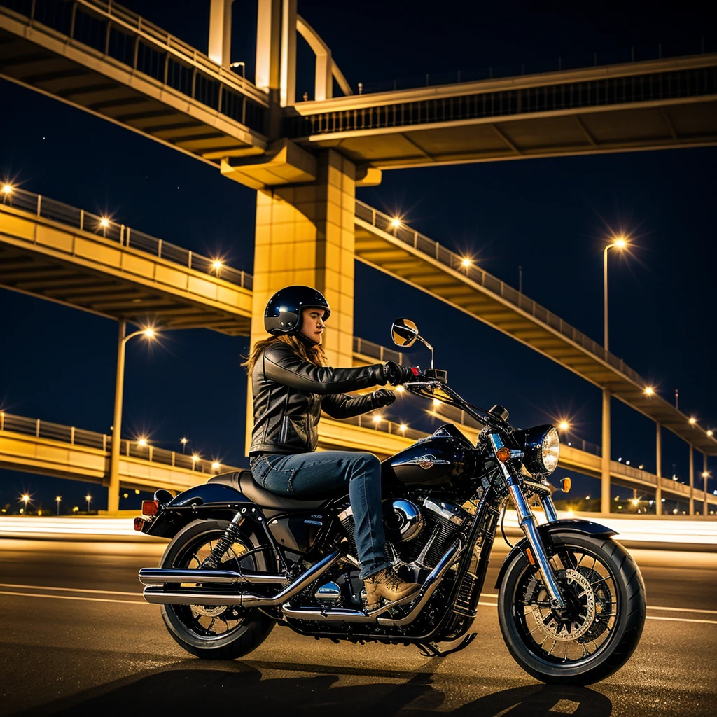 A beautiful sports motorcycle in America rides along the highway at night.