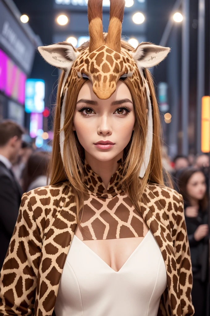 Make a woman on the red carpet wearing a giraffe mask and well-groomed