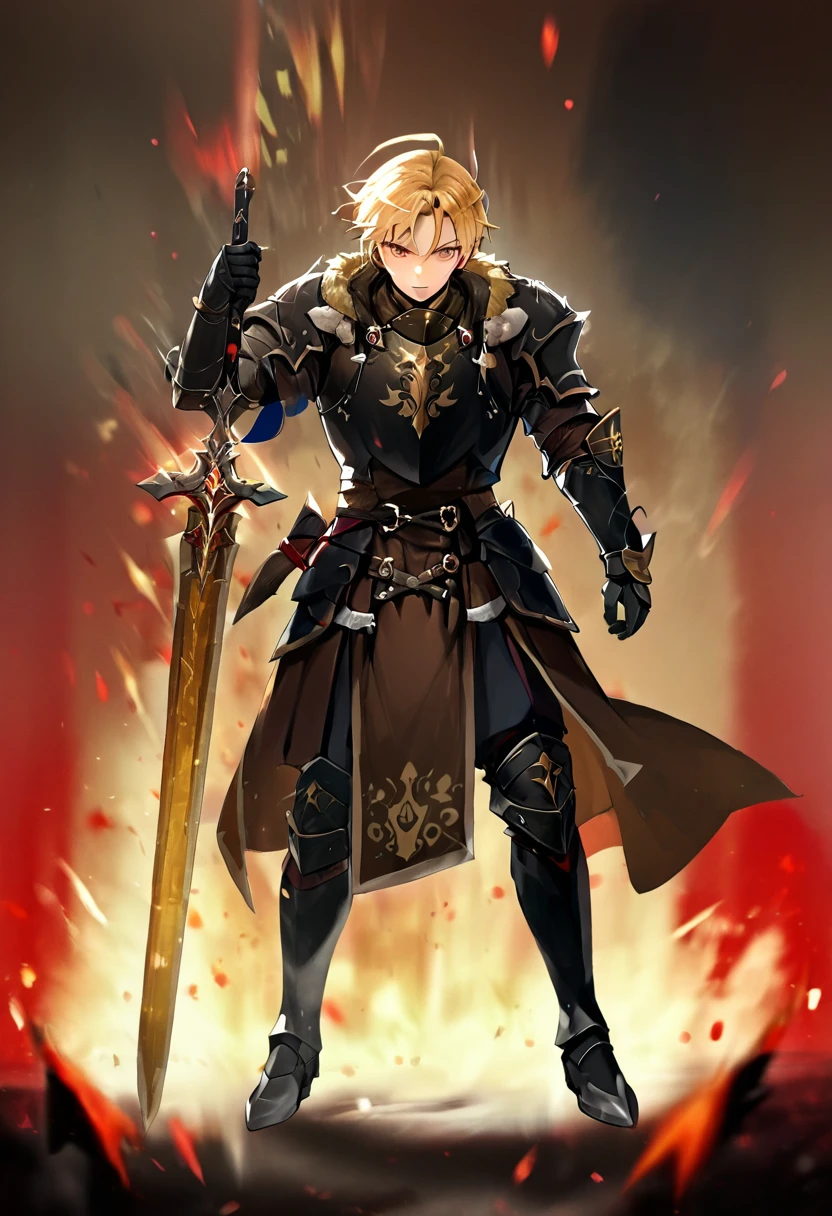 (((masterpiece of the highest quality))), (((medieval fantasy))), (((extreme details))), ((great fantasy sword)) (((ultra detailed))), (((male))), ((solo)) ((halfelf)), ((A 25-year-old Halfelf man)), ((150cm tall)), (175cm tall), ((blond spiked hair)), ((short spiked hair)), ((brown eyes)), ((exquisite detailed face)), ((detailed expressive eyes)), ((perfect eyes)), ((perfects hands)), ((rocking expression)), ((medieval half brass half letter armor)), ((holding huge great sword)), ((detailed great sword)), (((8k))), ((extra quality)), (extra details), ((exquisite eyes)), ((dynamic battle stance)), ((blurred battle background)), ((cinematic lighting)), ((full body)), ((extreme care to detail)), ((movie effects)), (war zone background)