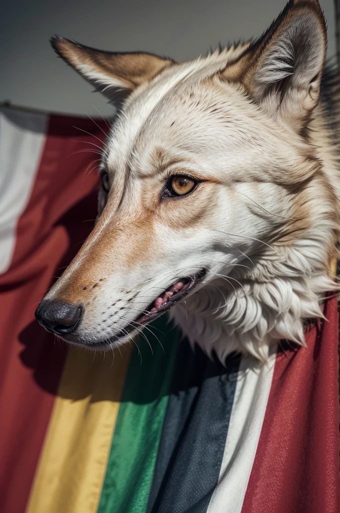 flag with colors, Unripe, rot, offwhite, detailed of a wolf&#39;s head