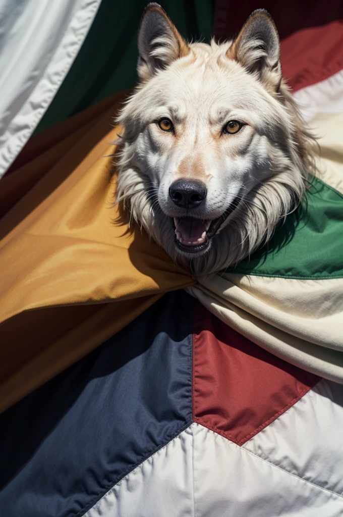 flag with colors, Unripe, rot, offwhite, detailed of a wolf&#39;s head