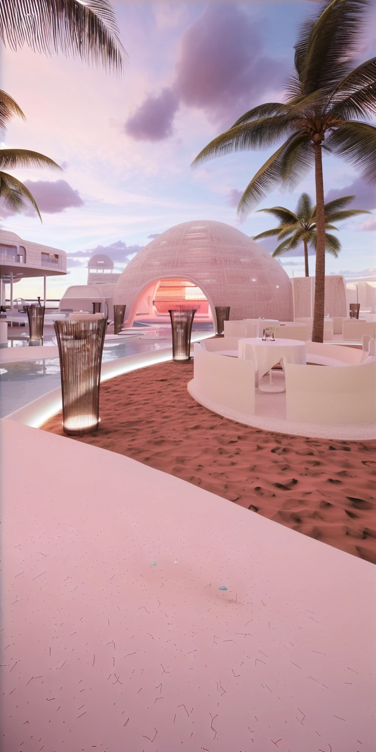 （masterpiece, best quality, high quality, Extremely detailed CG Unity 8K wallpaper, Realistic photos, Depth of Field）, There is a white building，There is a swimming pool and a bar in the middle, beach bar, Ibiza dance inspiration, futuristic marrakech, In a futuristic desert palace, seashell house, Futuristic Dome, a Digital Renderinging, In the seaside environment, futuristic marrakech morocco, Detailed scenario, V-Ray, V-Ray, Digital Renderinging, Digital Rendering, Futuristic Background