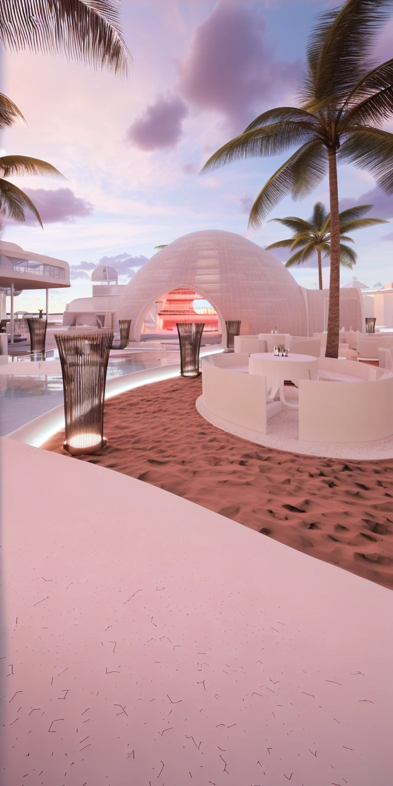 （masterpiece, best quality, high quality, Extremely detailed CG Unity 8K wallpaper, Realistic photos, Depth of Field）, There is a white building，There is a swimming pool and a bar in the middle, beach bar, Ibiza dance inspiration, futuristic marrakech, In a futuristic desert palace, seashell house, Futuristic Dome, a Digital Renderinging, In the seaside environment, futuristic marrakech morocco, Detailed scenario, V-Ray, V-Ray, Digital Renderinging, Digital Rendering, Futuristic Background