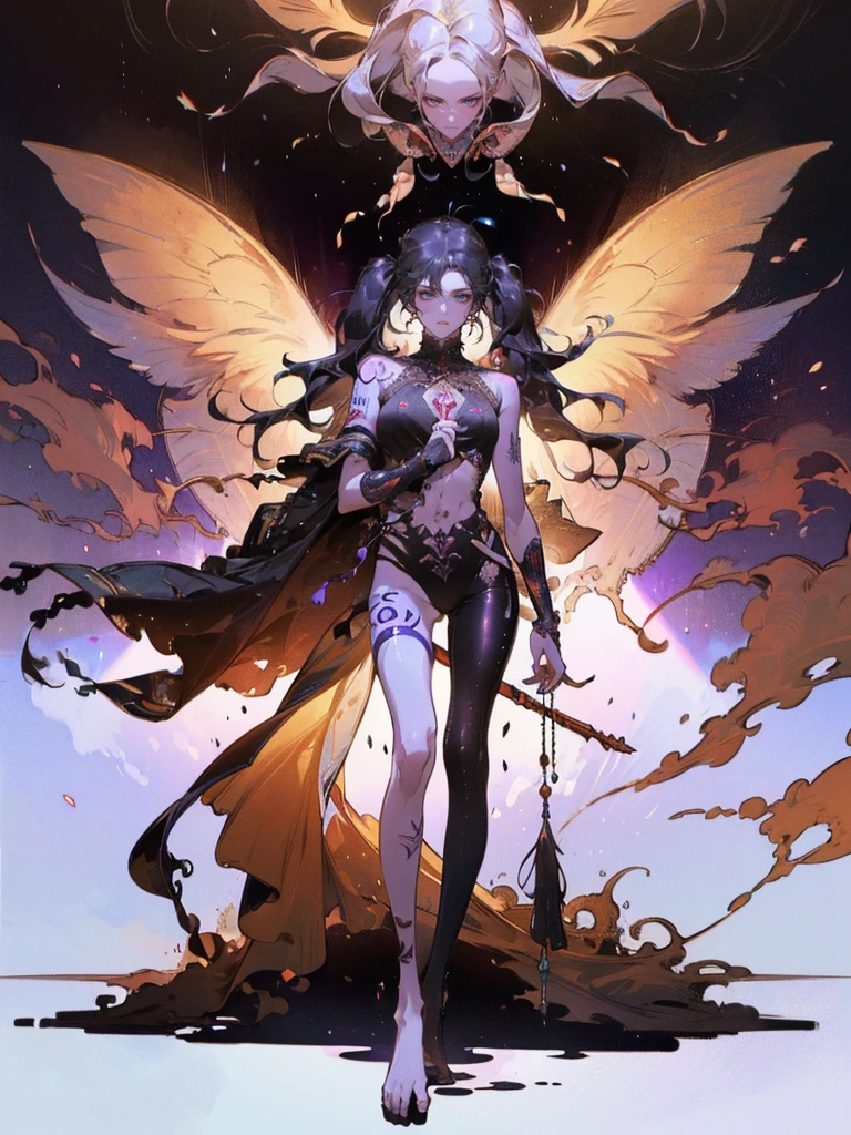 Perfect Proportions, Anatomically correct, (Head to Toe: 2.0), (Full body image: 2.0), alone,Highly stylized, Deviant art, masterpiece, Very detailed, Fine grain, expressive Fine grain, Detailed pupil, Futuristic,woman、clown、（balloon、mahjong）、Full body portrait、(clownメイク) 、Purple and black twin tails、((Black tribal tattoos all over the body、Tattoo of wings on the chest、Insect tattoos、Centipede tattoo on arm))
, Full body image, Full Body Shot, nvInkpunk,_skarsgard, Tassel, big beads, (大きなTassel), cyber punk, Inkpunk, Paint tray, Ink splash, (Action pose:1.0),