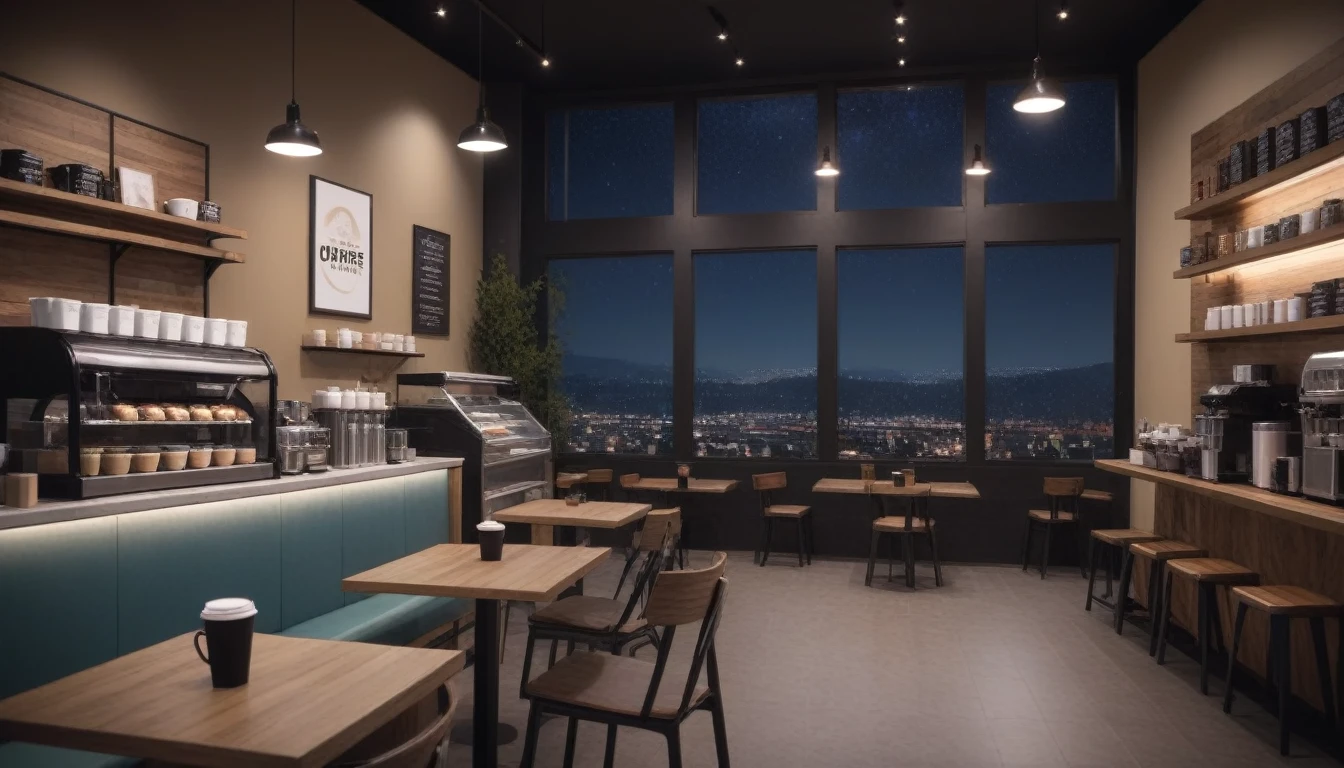 At night frontal shot coffee shop interior tables with coffee cups and a big window in the center