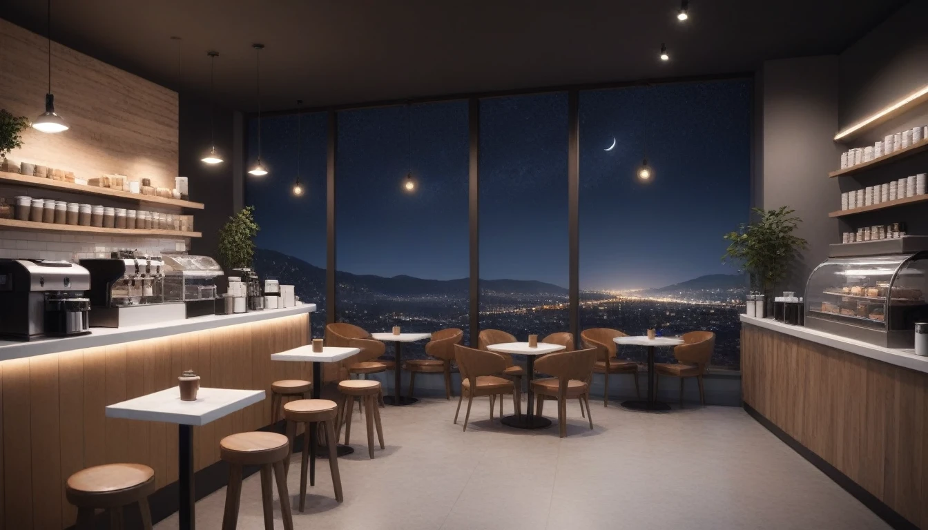 At night frontal shot coffee shop interior tables with coffee cups and a big window in the center