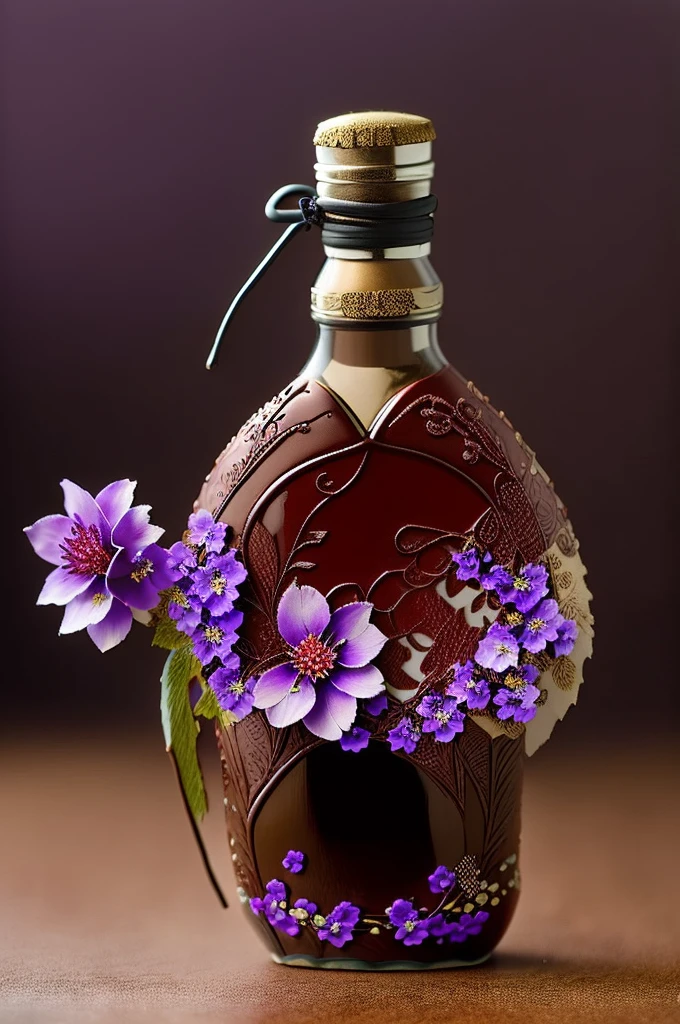 chocolate detailled bottle, purple and red flowers in this dtailled bottle