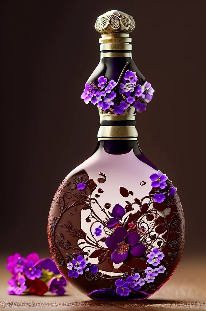 chocolate detailled bottle, purple and red flowers in this dtailled bottle