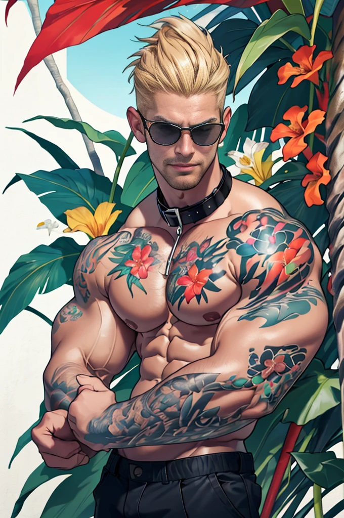 lifelike,(masterpiece,top quality,best quality,official art),Very detailed,rich and colorful,most detailed,God,shorter hair,blonde,Handsome man,Collar,Shirtless,suburbs,Sun Glasses,muscle,Chest muscles,tattoo,Nipple rings,Tropical plants,bird of paradise flower