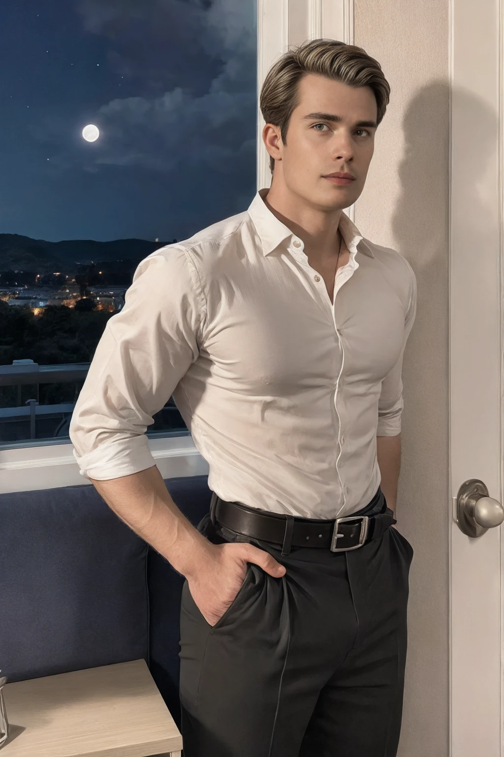 Portrait of Nicholas Galitzine, he is (wearing a fitted tight white button-up shirt with two buttons undone:1.3), (sleeves rolled up to his elbow; sleeves tight against his big biceps:1.3), (he is wearing fitted black dress pants, with belt:1.3), (bulge++), handsome man, attractive man, handsome male, (standing in hotel bedroom, leaning against doorframe:1.3), inspired by Pablo Munoz Gomez, editorial photograph, wide angle, upper portrait of Nicholas Galitzine, by Roman Bezpalkiv, by Artur Tarnowski, maxim sukharev, by Gabor Szikszai, Highly Detailed, highly detailed, toned body, toned muscular, big biceps, styled blonde hair, hazel eyes, ((nighttime:1.3)), ((midnight:1.3)), ((only source of light: bedside table:1.3)), ((looking at viewer:1.3))