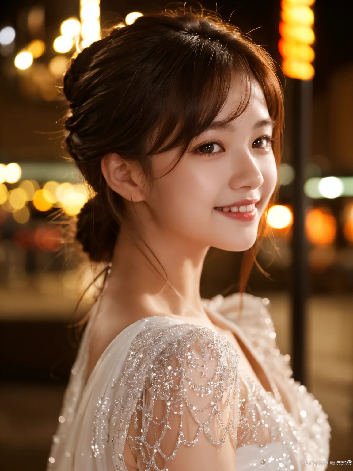 1 Girl, (Wearing a white glitter dress:1.2), (RAW Photos, Highest quality), (Realistic, Photorealistic:1.4), Tabletop, Very delicate and beautiful, Very detailed, 2k wallpaper, wonderful, finely, Very detailed CG Unity 8K wallpaper, Very detailedな, High resolution, Soft Light, Beautiful detailed girl, Very detailed目と顔, Beautiful and detailed nose, Finely beautiful eyes, Cinema Lighting, City lights at night, Perfect Anatomy, Slender body, smile