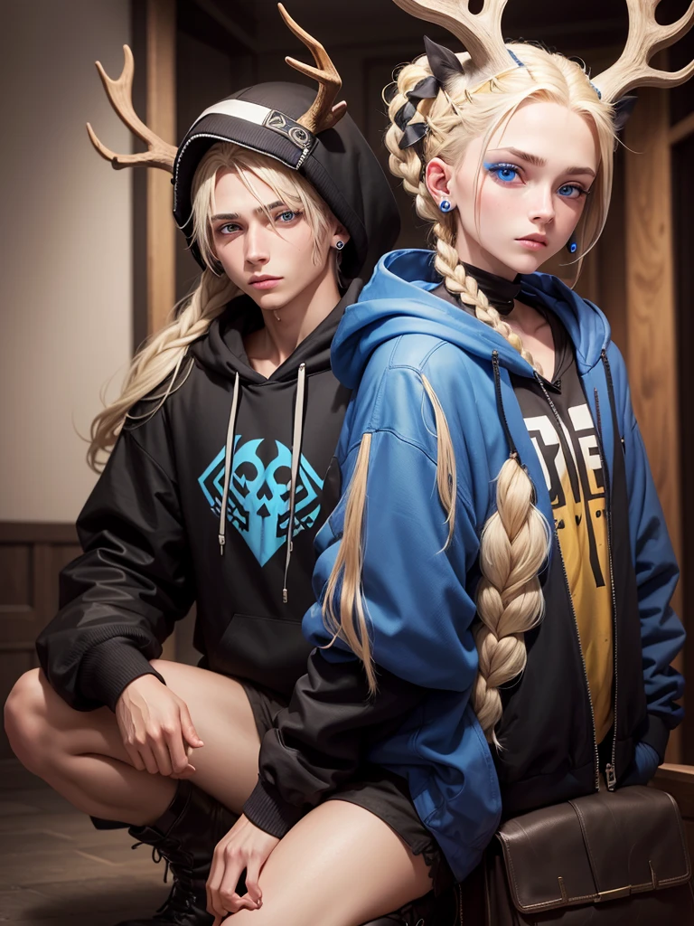 Feminine male with blonde hair in a braid, blue eyes, deer skull mask, black scelras, earrings, blue hoodie and black shorts with brown boots
