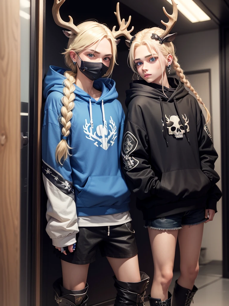 Feminine male with blonde hair in a braid, blue eyes, deer skull mask, black scelras, earrings, blue hoodie and black shorts with brown boots