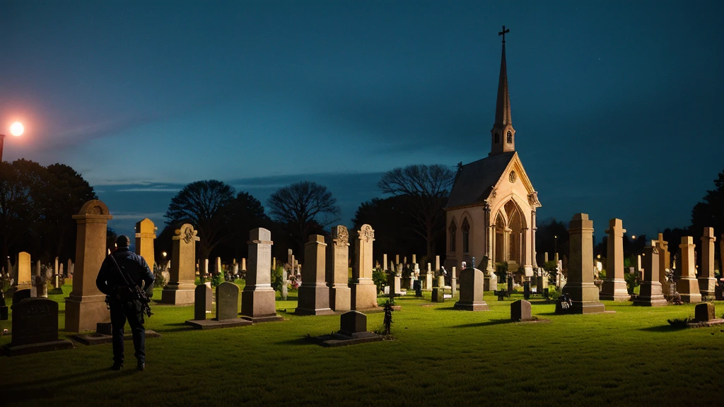 a person with a 9 mm pistol in his hand entering an ominous cemetery at night, an ominous chapel in the middle of the cemetery, several graves, 3 tomb breaks, apocalyptic setting. 