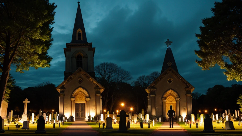 a person with a 9 mm pistol in his hand entering an ominous cemetery at night, an ominous chapel in the middle of the cemetery, several graves, 3 tomb breaks, apocalyptic setting. 