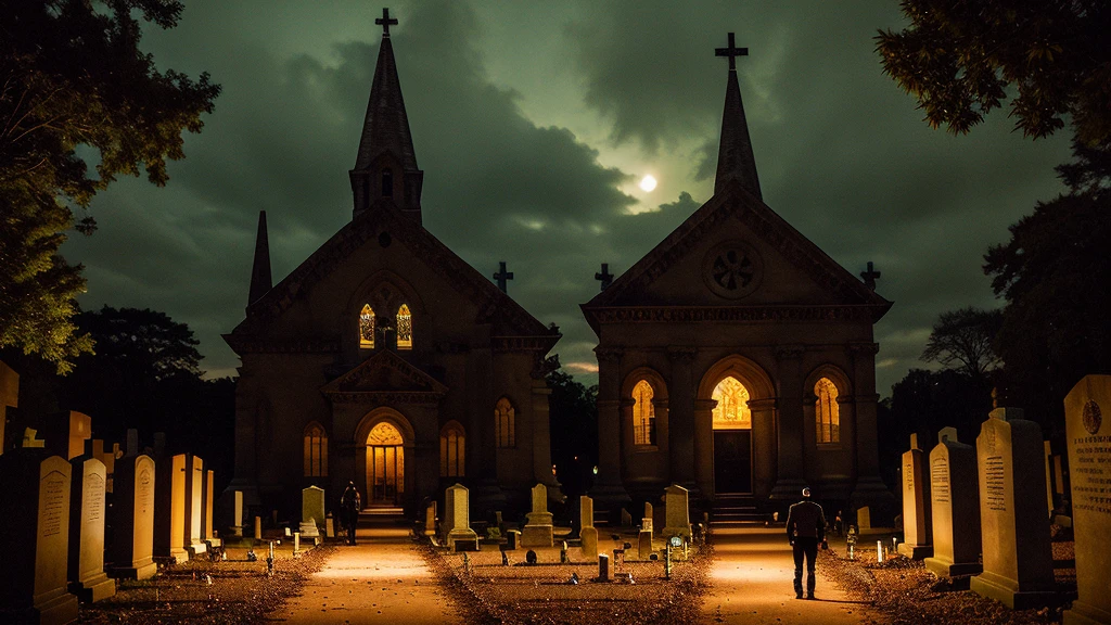 a person with a 9 mm pistol in his hand entering an ominous cemetery at night, an ominous chapel in the middle of the cemetery, several graves, 3 tomb breaks, apocalyptic setting.
