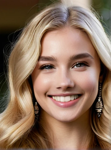 rich young woman; mansion; wavy blonde; smiling