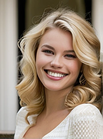 rich young woman; mansion; wavy blonde; smiling