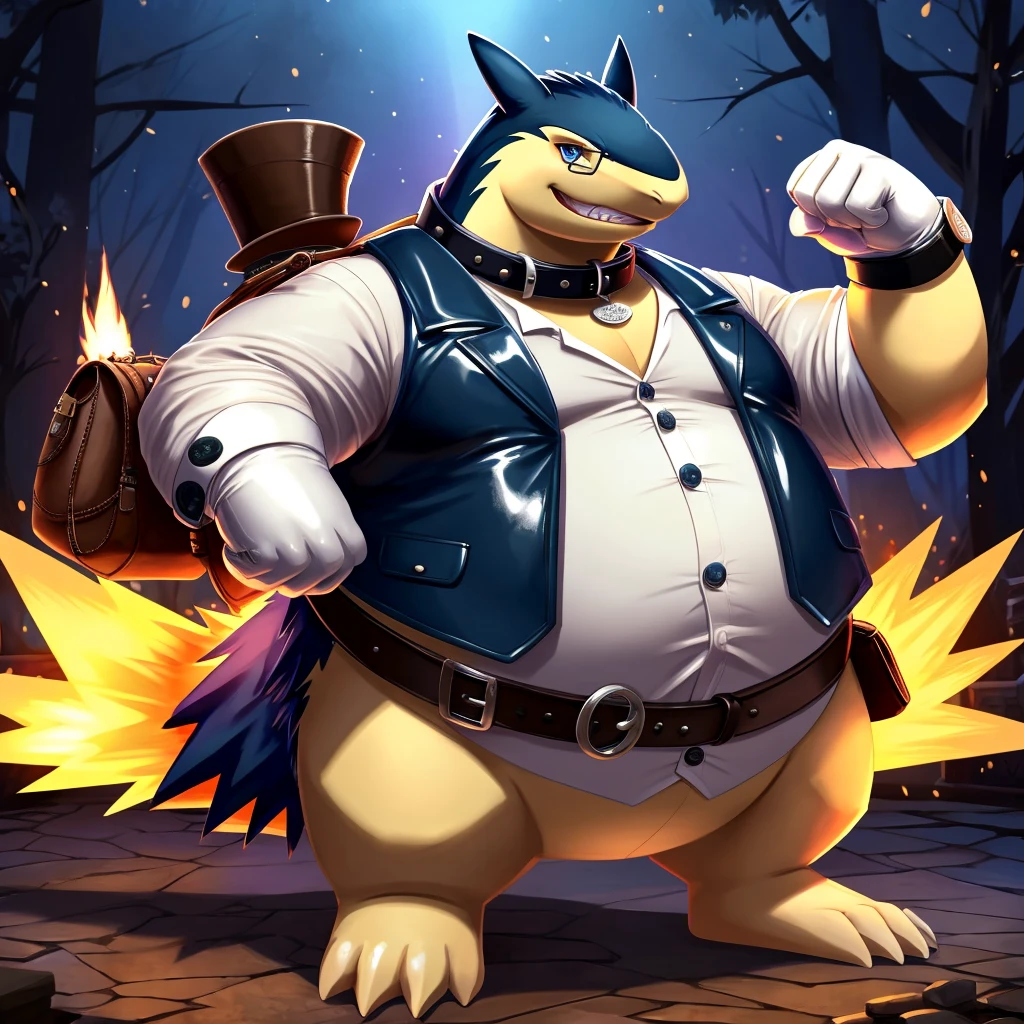 Solo, Male, fat, extremely obese, gentleman, dapper Professor Typhlosion, blue eyes, (posing:1.3), (soft shading), 4k, hi res, ((detailed face, detailed)), looking at viewer, evil grin, steampunk, collared shirt with buttons, top hat, male focus, Explorer Outfit, glasses, monocle, bag, vest with buttons, backpack, sleeves rolled up, round eyewear, brown headwear, brown vest, Typhlosion is wearing a glossy leather dog collar around the neck, Typhlosion is wearing the leather collar and shirt and vest at the same time, Typhlosion is wearing glossy white rubber gloves on the hands, wearing white rubber gloves on the feet, Typhlosion is wearing glossy white cuffs around the wrists with cufflinks, gloves are rubber in texture, clenching teeth, clenching fists, leather collar is glossy and shiny with a lot of detail, Typhlosion is wearing gloves and cuffs and cufflinks at the same time, leather collar has a round dog-tag, leather collar is thick and detailed.