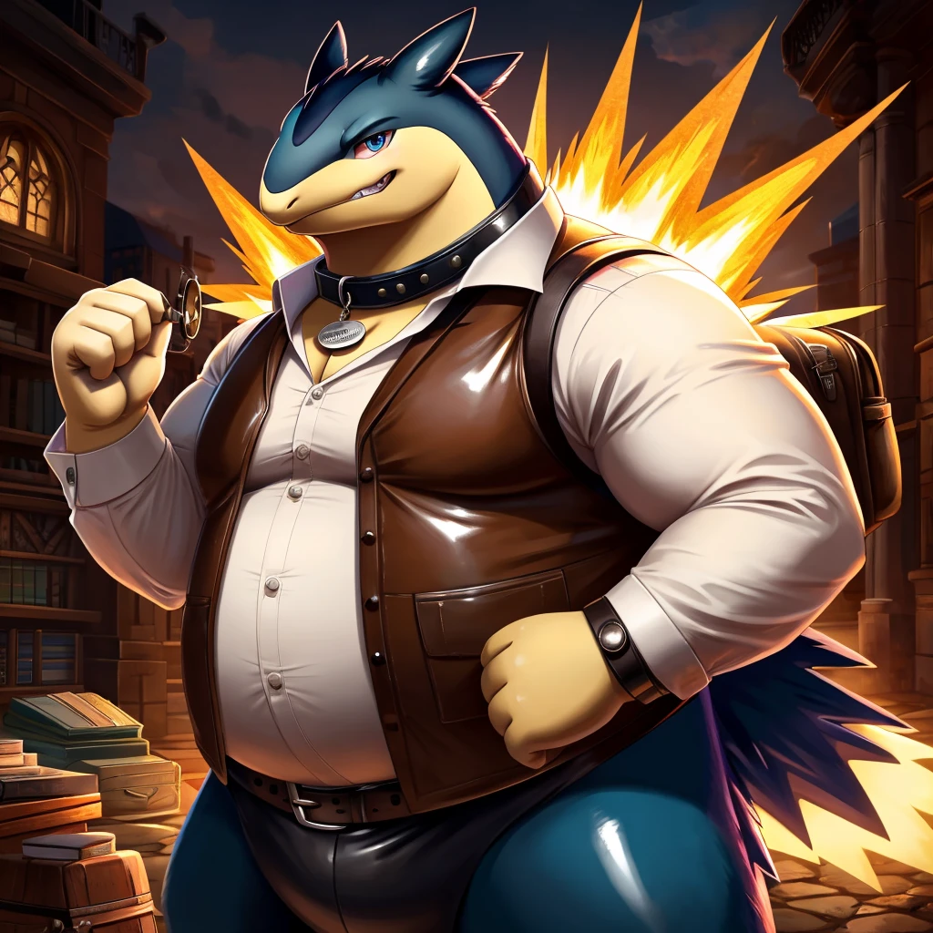 Solo, Male, fat, extremely obese, gentleman, dapper Professor Typhlosion, blue eyes, (posing:1.3), (soft shading), 4k, hi res, ((detailed face, detailed)), looking at viewer, evil grin, steampunk, collared shirt with buttons, top hat, male focus, Explorer Outfit, glasses, monocle, bag, vest with buttons, backpack, sleeves rolled up, round eyewear, brown headwear, brown vest, Typhlosion is wearing a glossy leather dog collar around the neck, Typhlosion is wearing the leather collar and shirt and vest at the same time, Typhlosion is wearing glossy white rubber gloves on the hands, wearing white rubber gloves on the feet, Typhlosion is wearing glossy white cuffs around the wrists with cufflinks, gloves are rubber in texture, clenching teeth, clenching fists, leather collar is glossy and shiny with a lot of detail, Typhlosion is wearing gloves and cuffs and cufflinks at the same time, leather collar has a round dog-tag, leather collar is thick and detailed.