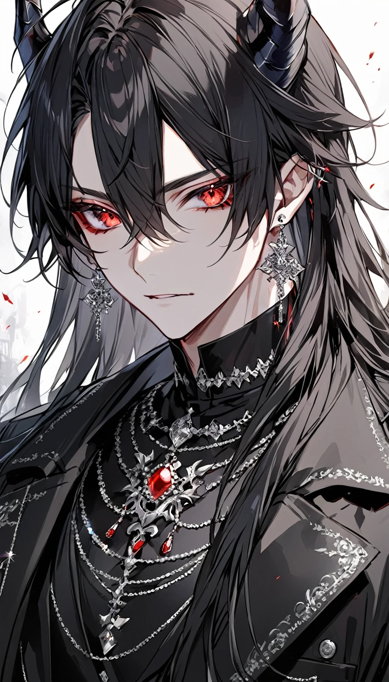 alone, good looking, 1 male, Long hair, Middle parted hair, Black hair, Red eyes, Black shirt, White Thailand, Black Trench Coat, Royal Silver Jewellery, Royal Demon Earrings, Black horns, Front Facing, Vtuber Front Facing Camera