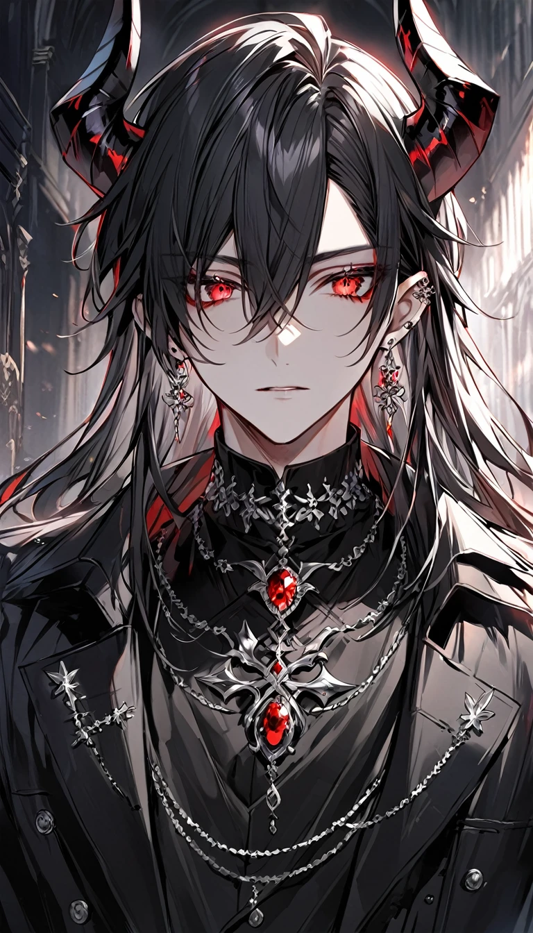 alone, good looking, 1 male, Long hair, Middle parted hair, Black hair, Red eyes, Black shirt, White Thailand, Black Trench Coat, Royal Silver Jewellery, Royal Demon Earrings, Black horns, Front Facing, Vtuber Front Facing Camera