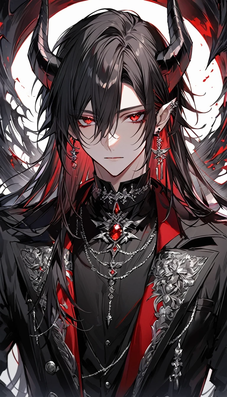 alone, good looking, 1 male, Long hair, Middle parted hair, Black hair, Red eyes, Black shirt, White Thailand, Black Trench Coat, Royal Silver Jewellery, Royal Demon Earrings, Black horns, Front Facing, Vtuber Front Facing Camera