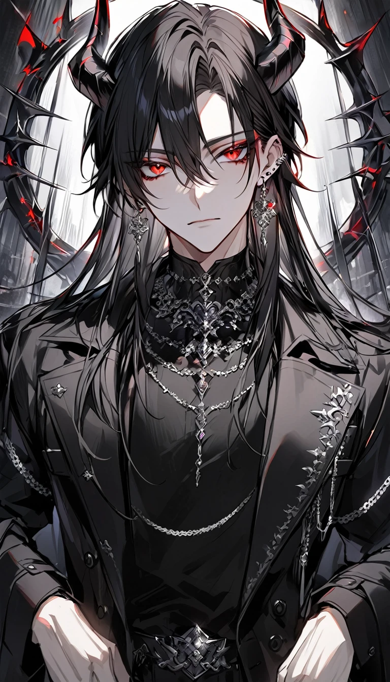 alone, good looking, 1 male, Long hair, Middle parted hair, Black hair, Red eyes, Black shirt, White Thailand, Black Trench Coat, Royal Silver Jewellery, Royal Demon Earrings, Black horns, Front Facing, Vtuber Front Facing Camera