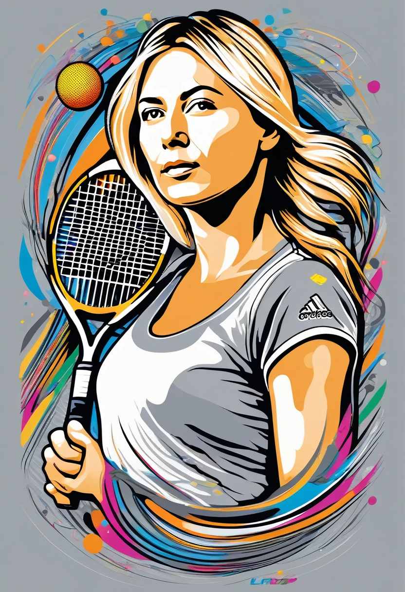 A vector design for a t-shirt, with a Maria Sharapova  featuring elements of [[tennis] in the style of hyper-detailed illustrations with a colorful, 
cartoonish style in high resolution using [gray] colors and hard edge lines, along with swirling details and high contrast