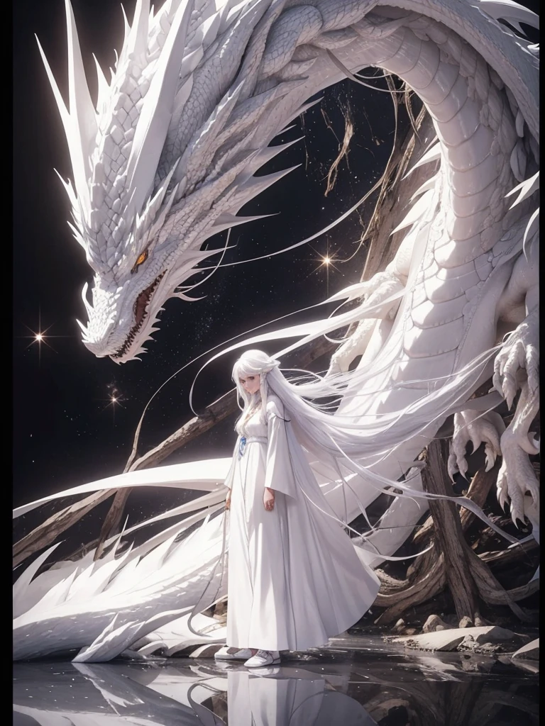 A beautiful girl in white clothes, long white hair and a giant white dragon on the side.