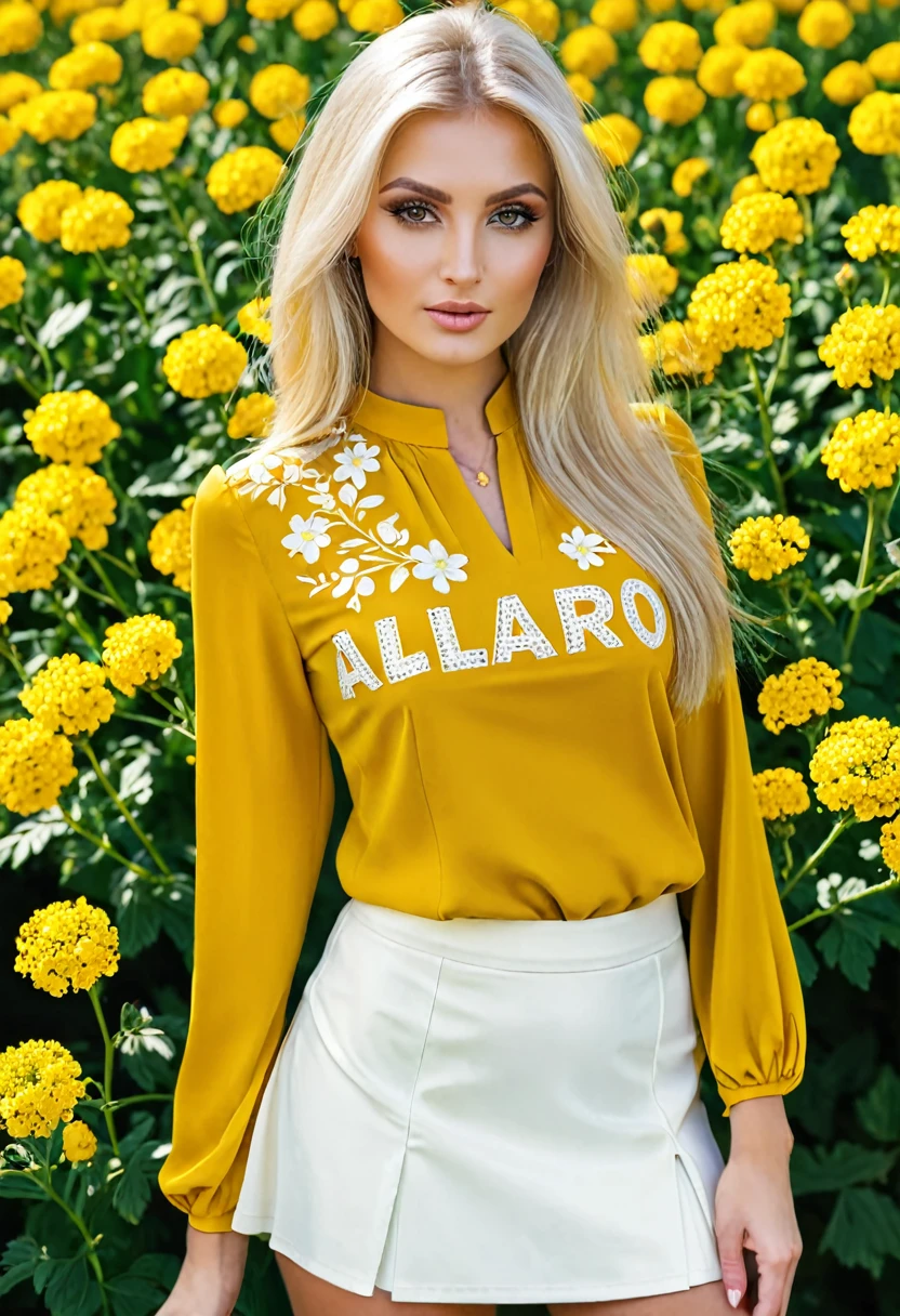 blonde, Ukraine, gold blouse with the inscription ALVARO. white mini skirt of mustard color with flowers