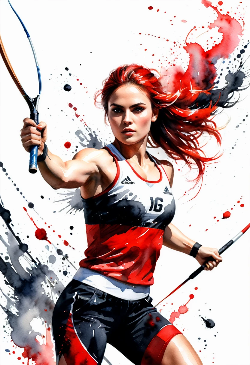 (( a black and white and red watercolor art: 1.5)) a watercolor portrait of woman throwing javelin in the Olympics, a woman, dynamic hair color, dynamic hair style, (most beautiful face: 1.3), (ultra detailed face: 1.4), ((throwing javelin: 1.5)),   ((wearing athletic shirt, pants and sneakers: 1.2)), ibrant, Ultra-high resolution, High Contrast, (masterpiece:1.5), highest quality, Best aesthetics), best details, best quality, highres, 16k, [ultra detailed], masterpiece, best quality, (extremely detailed), Cinematic Hollywood Film,