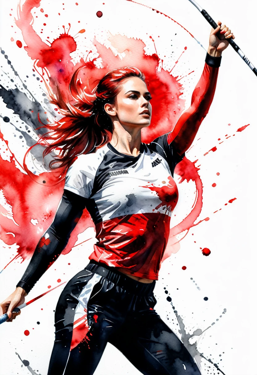 (( a black and white and red watercolor art: 1.5)) a watercolor portrait of woman throwing javelin in the Olympics, a woman, dynamic hair color, dynamic hair style, (most beautiful face: 1.3), (ultra detailed face: 1.4), ((throwing javelin: 1.5)),   ((wearing athletic shirt, pants and sneakers: 1.2)), ibrant, Ultra-high resolution, High Contrast, (masterpiece:1.5), highest quality, Best aesthetics), best details, best quality, highres, 16k, [ultra detailed], masterpiece, best quality, (extremely detailed), Cinematic Hollywood Film,