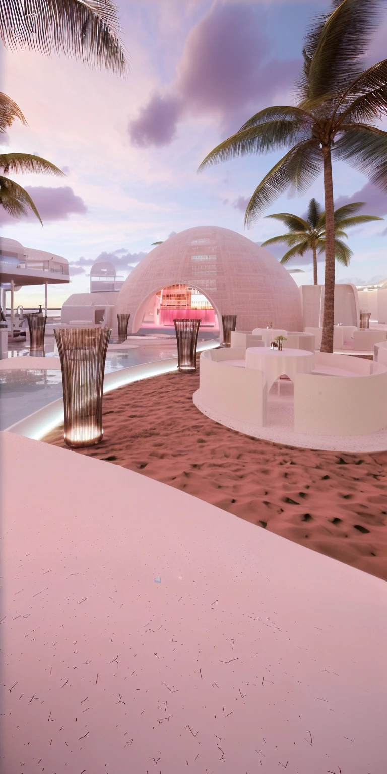 （masterpiece, best quality, high quality, Extremely detailed CG Unity 8K wallpaper, Realistic photos, Depth of Field）, There is a white building，There is a swimming pool and a bar in the middle, beach bar, Ibiza dance inspiration, futuristic marrakech, In a futuristic desert palace, seashell house, Futuristic Dome, a Digital Renderinging, In the seaside environment, futuristic marrakech morocco, Detailed scenario, V-Ray, V-Ray, Digital Renderinging, Digital Rendering, Futuristic Background