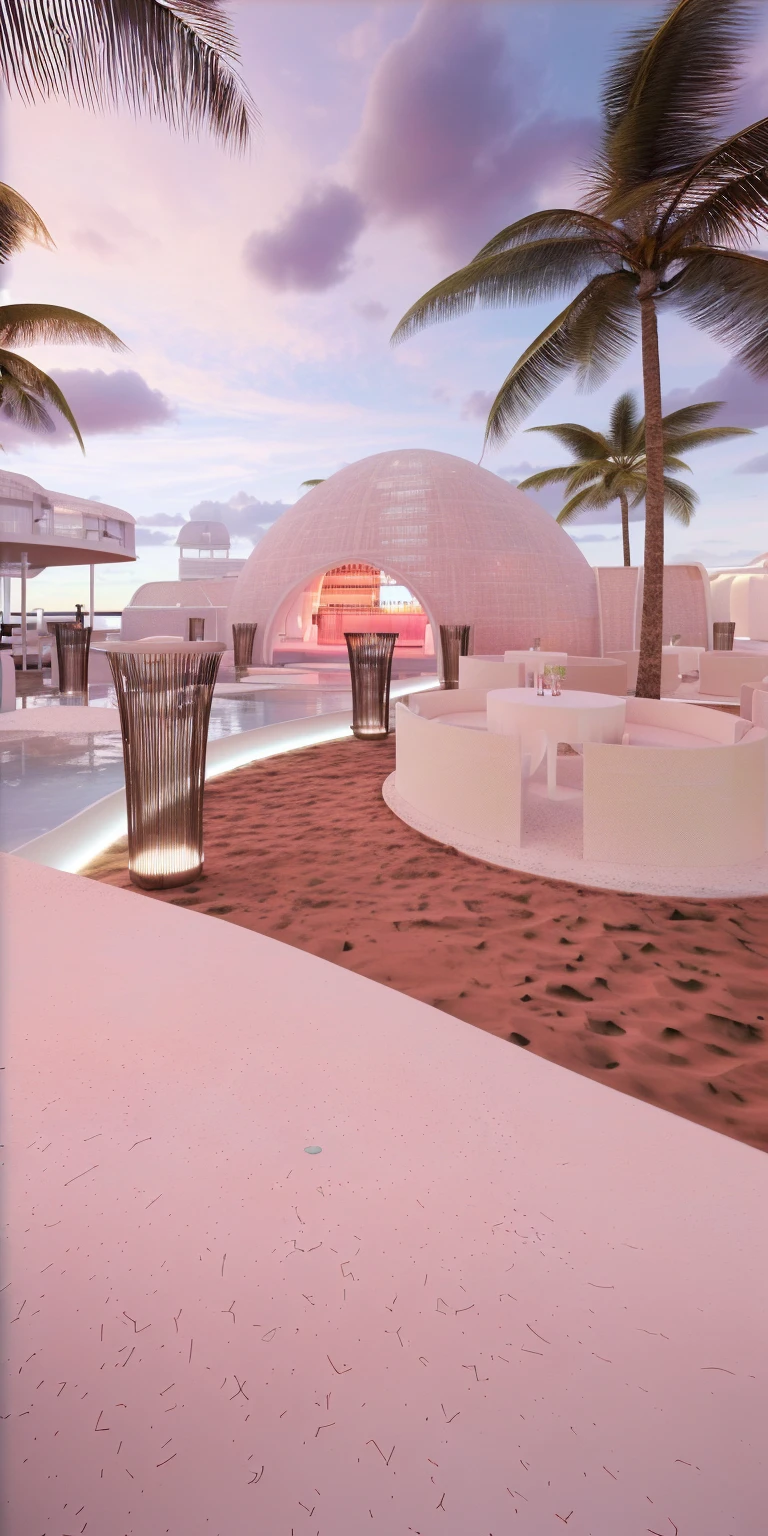 （masterpiece, best quality, high quality, Extremely detailed CG Unity 8K wallpaper, Realistic photos, Depth of Field）, There is a white building，There is a swimming pool and a bar in the middle, beach bar, Ibiza dance inspiration, futuristic marrakech, In a futuristic desert palace, seashell house, Futuristic Dome, a Digital Renderinging, In the seaside environment, futuristic marrakech morocco, Detailed scenario, V-Ray, V-Ray, Digital Renderinging, Digital Rendering, Futuristic Background