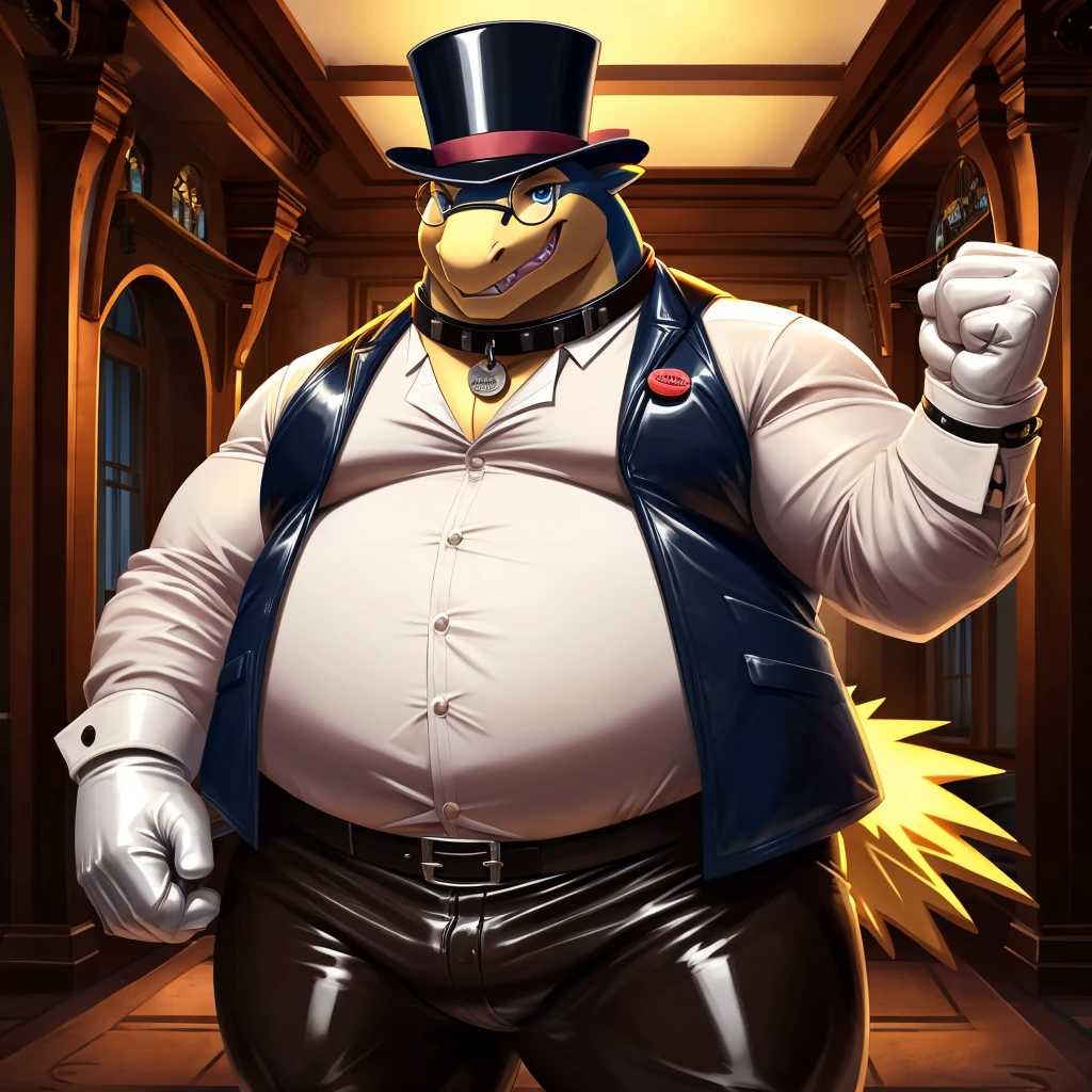 Solo, Male, fat, extremely obese, gentleman, dapper Professor Dragon, blue eyes, (posing:1.3), (soft shading), 4k, hi res, ((detailed face, detailed)), looking at viewer, evil grin, steampunk, collared shirt with buttons, top hat, male focus, Explorer Outfit, glasses, monocle, bag, vest with buttons, backpack, sleeves rolled up, round eyewear, brown headwear, brown vest, Dragon is wearing a glossy leather dog collar around the neck, Dragon is wearing the leather collar and shirt and vest at the same time, Dragon is wearing glossy white rubber gloves on the hands, wearing white rubber gloves on the feet, Dragon is wearing glossy white cuffs around the wrists with cufflinks, gloves are rubber in texture, clenching teeth, clenching fists, leather collar is glossy and shiny with a lot of detail, Typhlosion is wearing gloves and cuffs and cufflinks at the same time, leather collar has a round dog-tag, leather collar is thick and detailed.