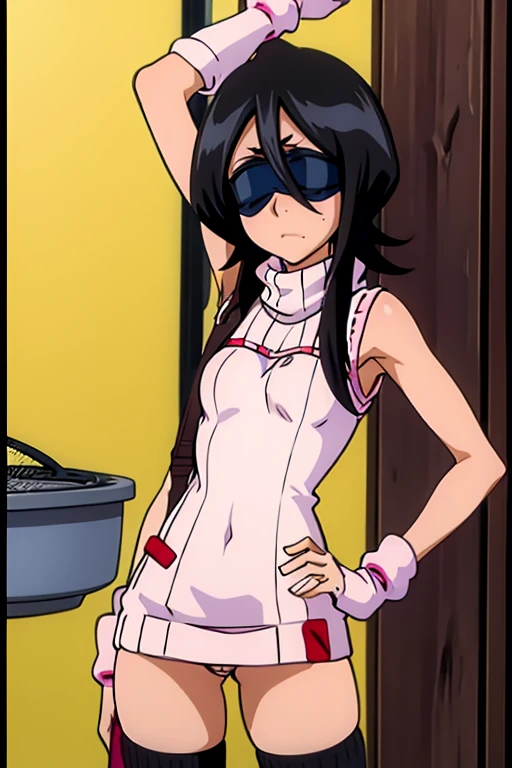 tennis girl in tight mini virgin killer sweater, panty, wearing oven mittens tucked in pockets, blindfold