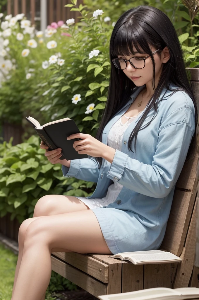 with fringes and black hair and a little short, She wears glasses and is reading a book in a garden