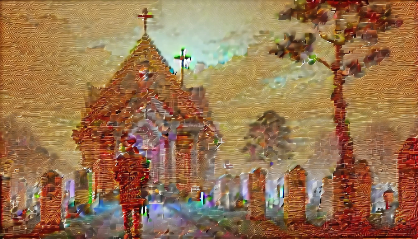 a person with a 9 mm pistol in his hand entering an ominous cemetery at night, an ominous chapel in the middle of the cemetery, several graves, 3 tomb breaks, apocalyptic setting.