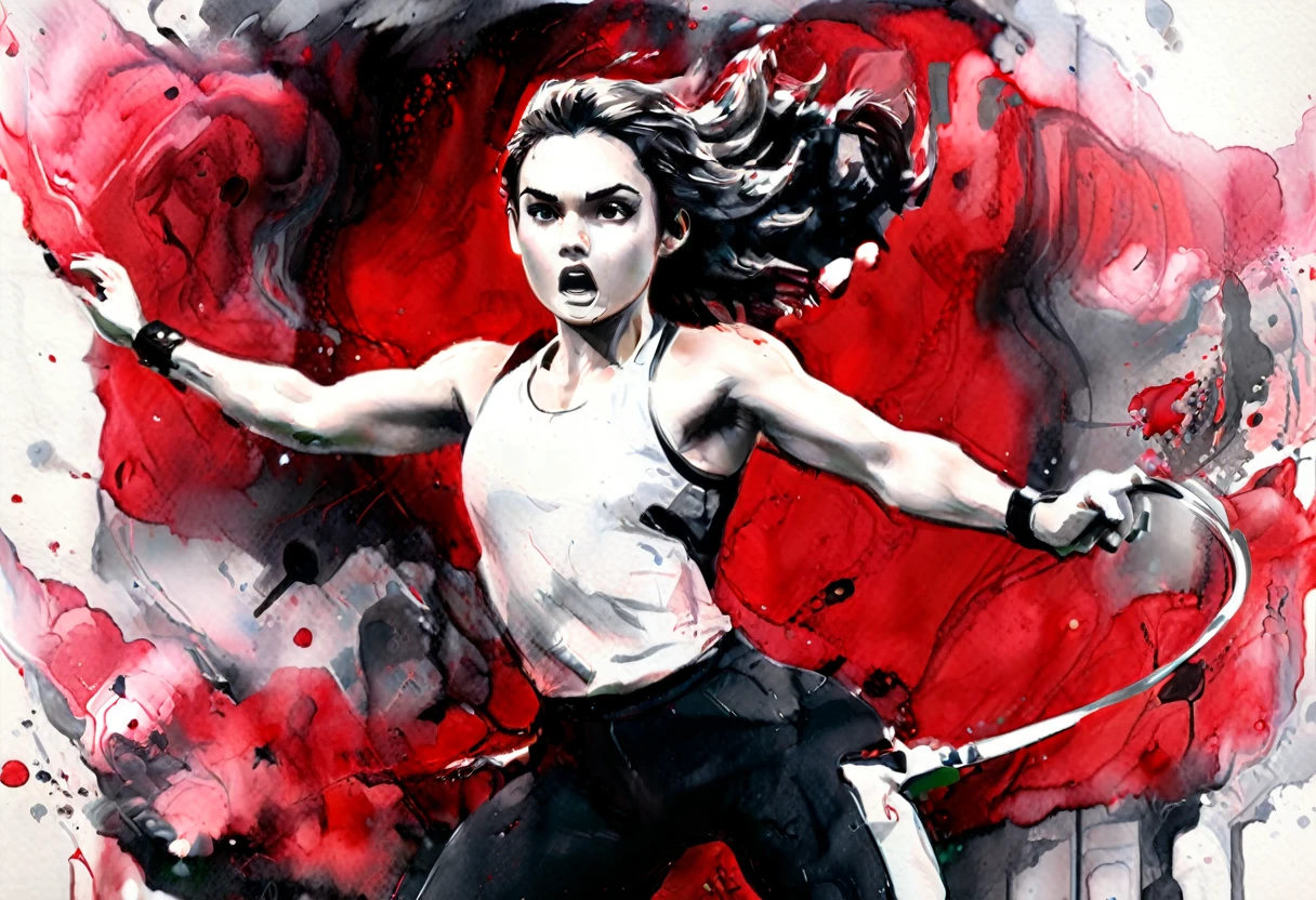 (( a black and white and red watercolor art: 1.5)) a watercolor portrait of woman throwing javelin in the Olympics, a woman, dynamic hair color, dynamic hair style, (most beautiful face: 1.3), (ultra detailed face: 1.4), ((holding javelin ready to throw: 1.5)),   ((wearing athletic shirt, pants and sneakers: 1.2)), ibrant, Ultra-high resolution, High Contrast, (masterpiece:1.5), highest quality, Best aesthetics), best details, best quality, highres, 16k, [ultra detailed], masterpiece, best quality, (extremely detailed), Cinematic Hollywood Film, watercolor