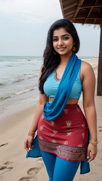 curvy thick Indian young beautiful 18 years Indian teen, slim body, nice curves, cotton fabric Indian blue kurti, indian kurti, cotton tight red leggings, outdoor, COOL WEATHER, standing near beach, seaside, photorealistic, lusty smile on face, flirting face, big , five_fingers, influencer, model