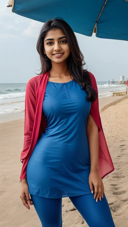 curvy thick Indian young beautiful 22 years dusky Indian teen, slim body, nice curves, homely girl, cotton fabric Indian blue kurti,wear long shawl, cover ,indian kurti, cotton red leggings, outdoor, COOL WEATHER, standing near beach, seaside, photorealistic, smile on face, flirting face, big , five_fingers, influencer, model