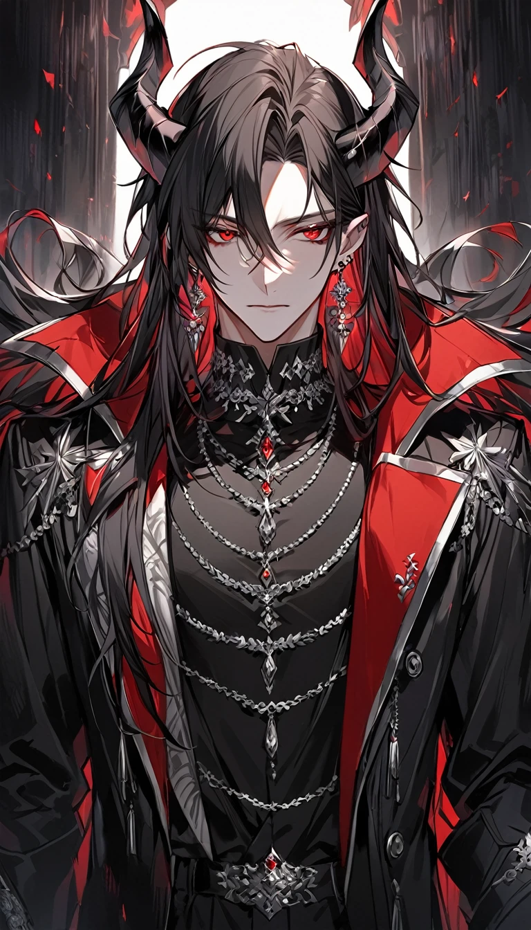 alone, good looking, 1 male, Long hair, Middle parted hair, Black hair, Red eyes, Black shirt, White Thailand, Black Trench Coat, Royal Silver Jewellery, Royal Demon Earrings, Black horns, Front Facing