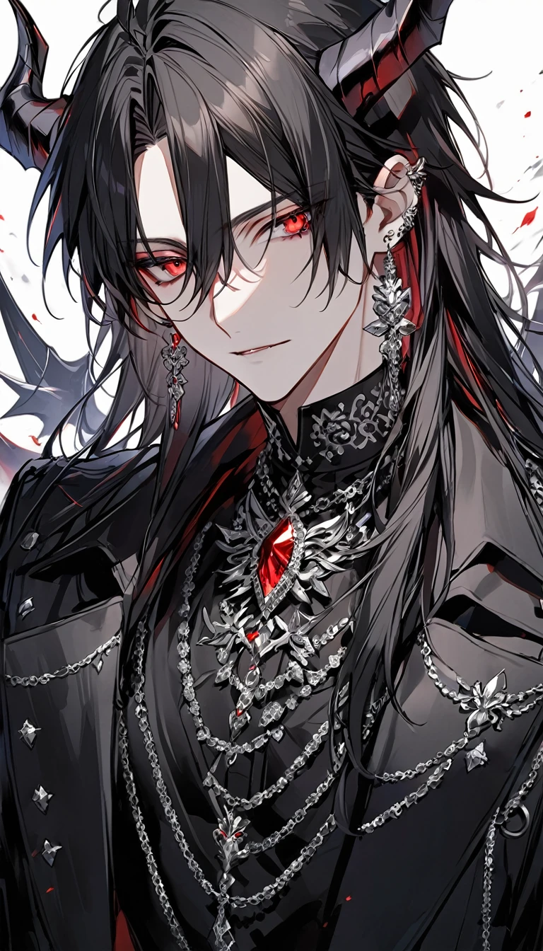 alone, good looking, 1 male, Long hair, Middle parted hair, Black hair, Red eyes, Black shirt, White Thailand, Black Trench Coat, Royal Silver Jewellery, Royal Demon Earrings, Black horns, Front Facing