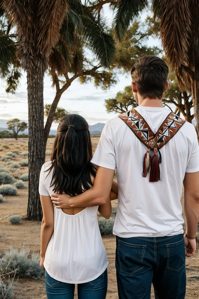 Young couple of an indigenous woman and a white man with their backs turned 
