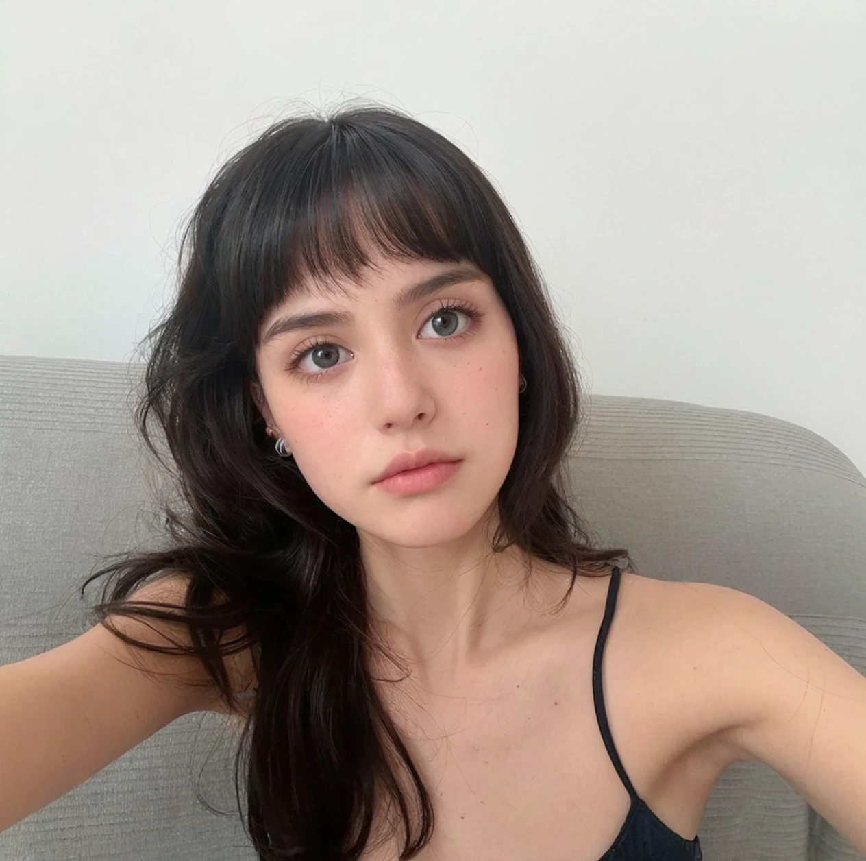 Teenage girl with clean pale skin and silky soft black hair, with small pink lips and a small, thin potato nose and blue-green eyes,taking a photo looking at the camera and good quality