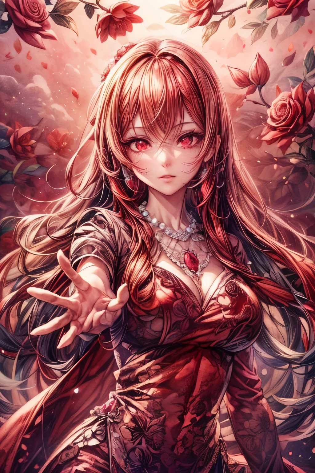 (32k), 1 girl, kawaii, ruby effect, Red theme, black long hair, ( beautiful Red eyes:1.4), wide open eyes, eyelash, tareme, (half closed eyes:0.7), dancing and martial poses on a red and black floral bed with a flamenco dress, flamenco, (giant ruby ​​necklace1.5)), (perfect hand:1.4), ((glow ruby:1.3)), ((Background with sparkling ruby gemstones)), muste piece, best quality, Super detailed, masterpiece,