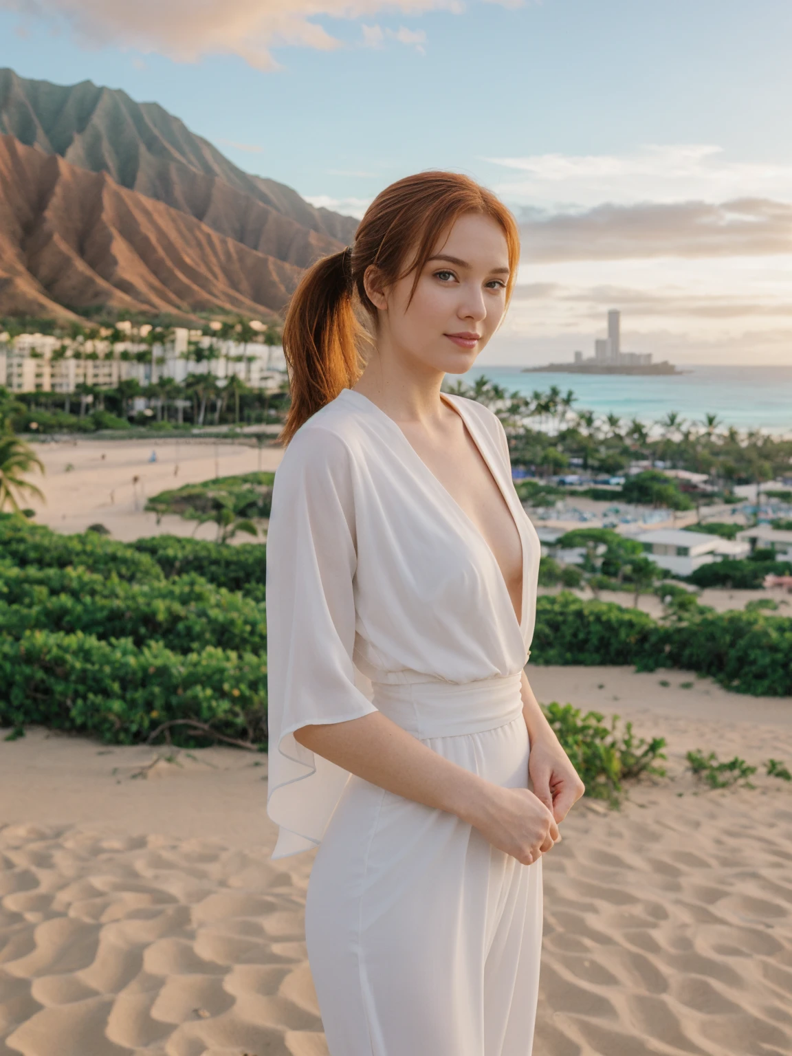 her name is Elle, high quality, 1girl, ((20-year-old fit Caucasian woman)), ((20 years old)), ((fit)), ((pale skin)), ((sleek ponytail auburn colored hair)) , medium round breasts, wearing Green Embroidered Sheer Kimono + High-Waisted Palazzo Pants, pose: standing, background: Describe the tropical urban paradise of Waikiki Beach in Honolulu, with its high-rise hotels, pristine beaches, and the iconic Diamond Head crater in the background.